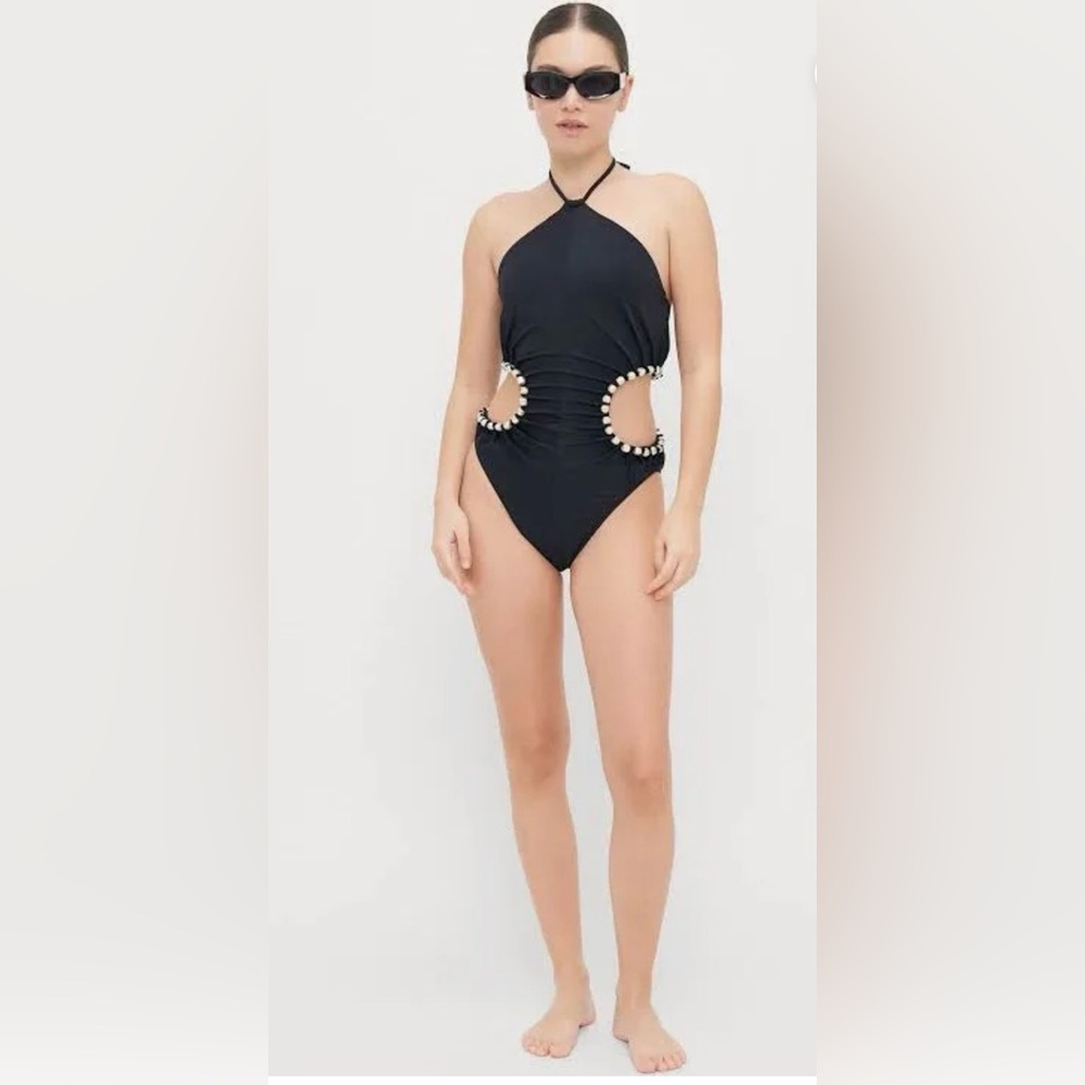 CULT GAIA Sibel One Piece Swimsuit Black Halter with Pearl Details Small - Picture 2 of 11